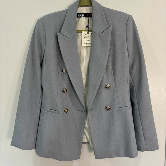 Zara Women's Blue Double Breasted Blazer with Gold/Black Buttons. - Picture 2 of 7